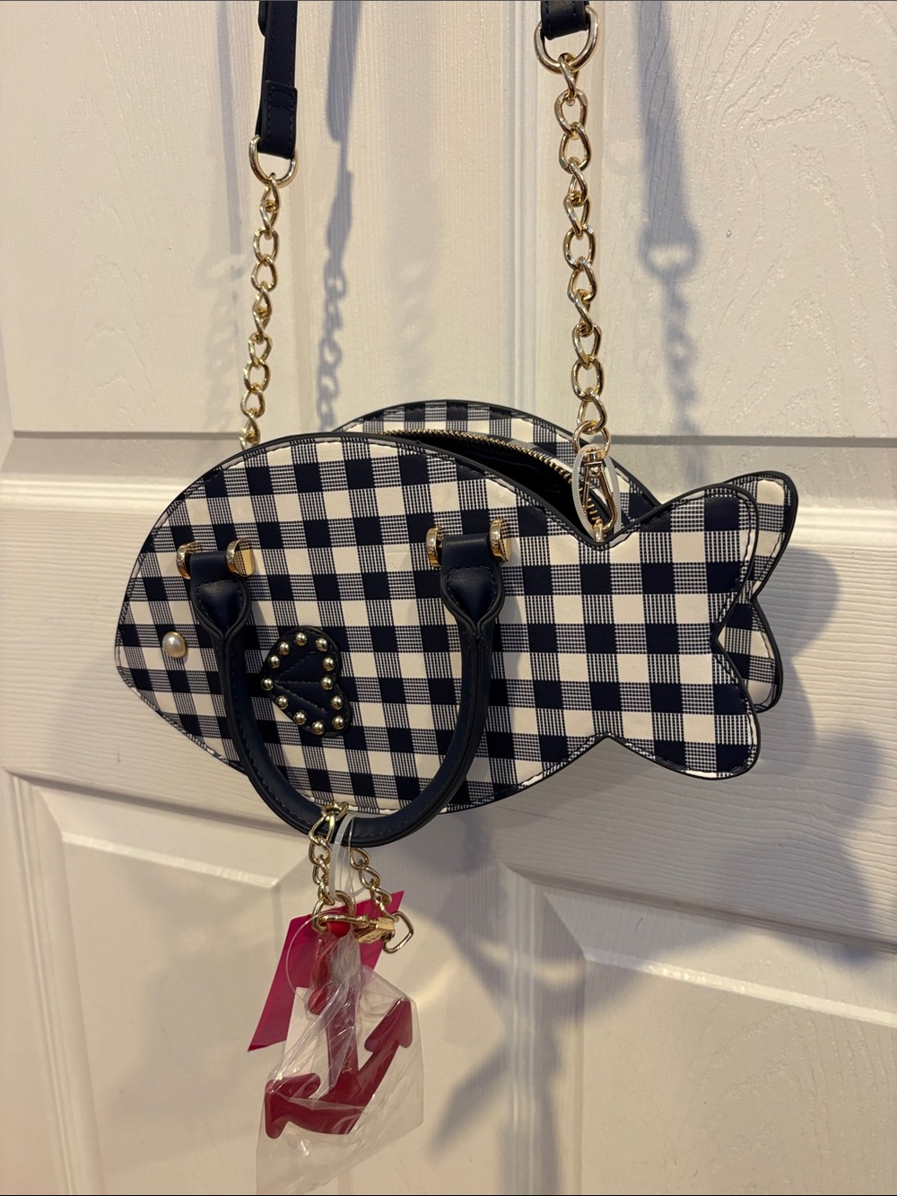 BNWT BETSEY JOHNSON XOSEA Viral Navy Blue Plaid Fish Crossbody Bag